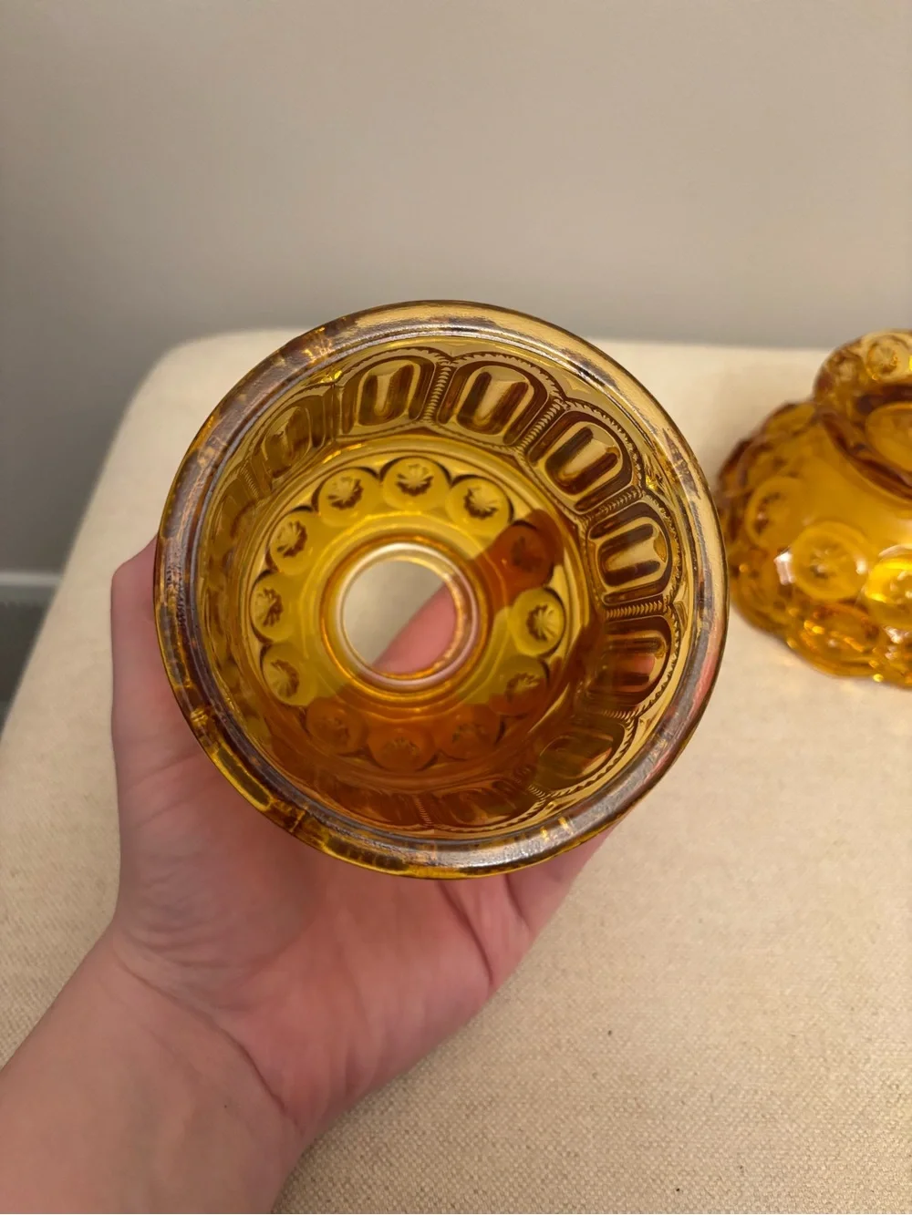 VTG MCM  L.E. SMITH AMBER GLASS MOON & STARS FAIRY LAMP 6 1/4